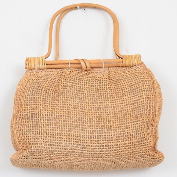 Boho Burlap Bamboo Flowers Large Shopper Tote Handbag Purse Satchel - Picture 3 of 8